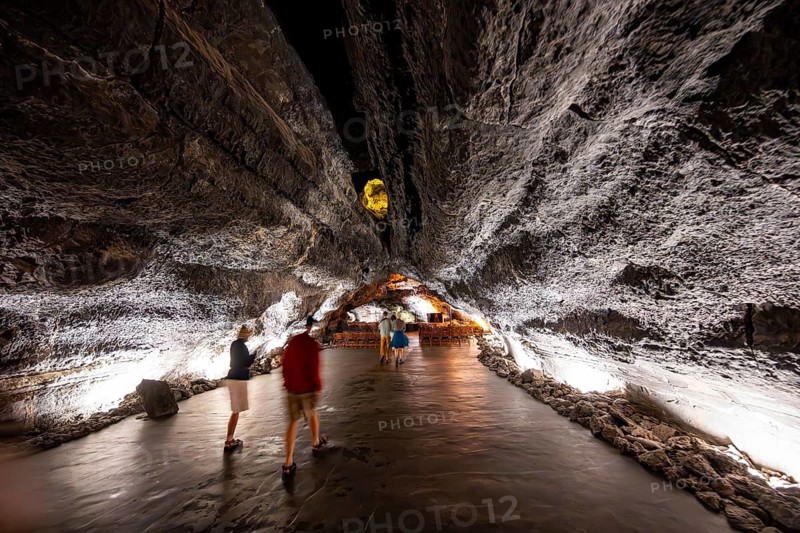 Underground cave formed by lava flow, illuminated lava cave, Cueva de los Verdes, Lanzarote, Canary Islands, Spain