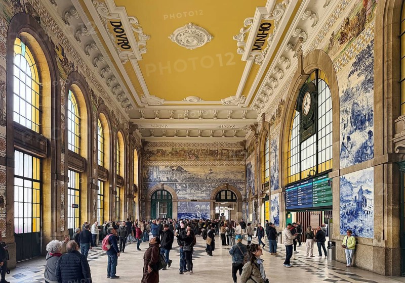 Porto Sao Bento railway station, entrance hall with azulejos designed by artist Jorge Colaço, old town, UNESCO World Heritage Site, Porto, Portugal