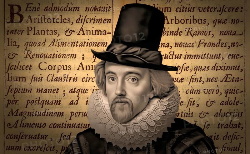 Portrait of Sir Francis Bacon, 1561 - 1626, English lawyer, statesman, essayist, historian, intellectual reformer, philosopher and scientist, text from his book ‘Historia vitae et mortis‘
