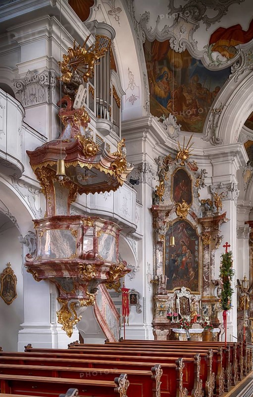 Interior view, pulpit, Cathedral of Our Lady, also collegiate church, Lindau, Bavaria, Lake Constance, Germany