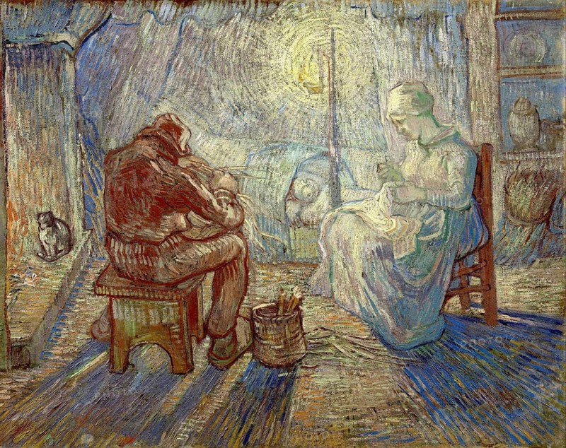 Night (after Millet) or Evening, The Watch (1889) is an oil painting based on a model by Jean-François Millet. It was painted during his stay in Saint-Rémy, shows a peasant couple in a quiet, nocturnal scene, painting by Vincent Willem van Gogh (born 30 March 1853 in Groot-Zundert, died 29 July 1890 in Auvers-sur-Oise), Dutch painter and draughtsman, one of the founders of modern painting, illustration, reproduction of a painting. Authentic, exact date of the original unknown, Historical