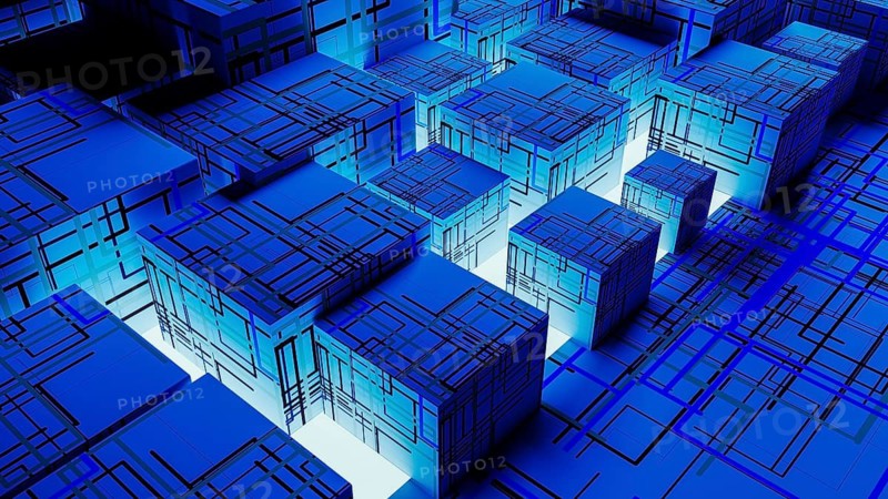 Vibrant abstract background showcases interconnected cubes, representing technology and data in a digital landscape