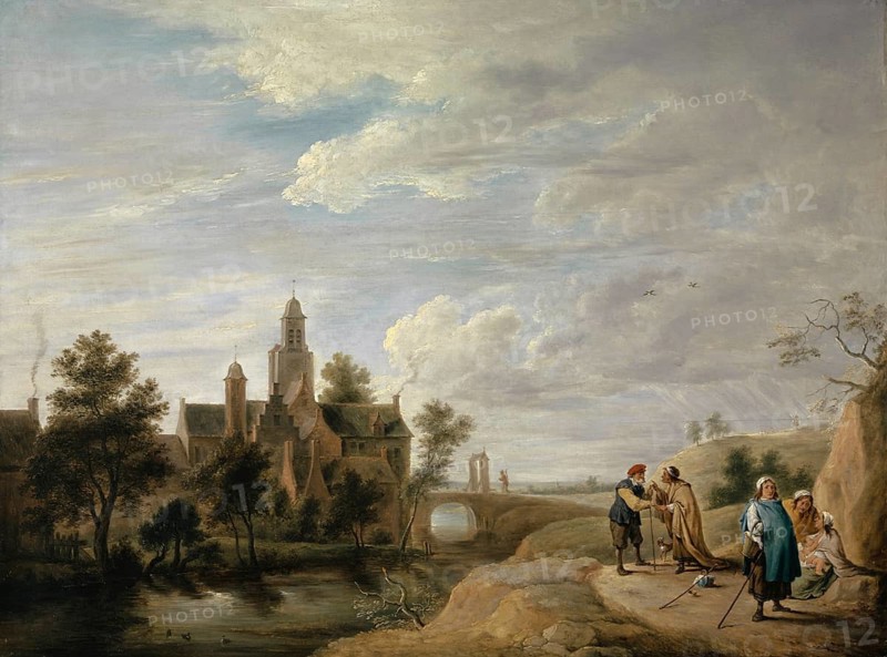 Landscape with Staffage Figures (1640-1650), painting by David Teniers (baptised 15 December 1610 in Antwerp, died 25 April 1690 in Brussels), Flemish painter, draughtsman and curator. He was an innovator in a variety of genres such as history painting, genre painting, landscape, portrait and still life. He is most remembered today as the leading Flemish genre painter of his time, reproduction from a 17th century painting. Authentic, file restored for optimal use, exact date of original unknown