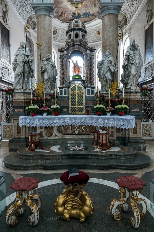 Church, baroque basilica of St. Mang, interior view, altar area, Füssen, Ostallgäu, Bavaria Germany