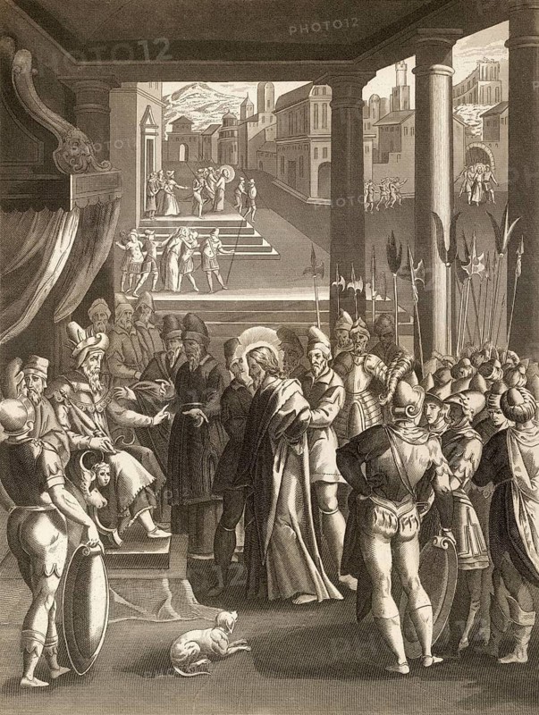 Jesus at Herod's court, New Testament, steel engraving 1853, digitally restored