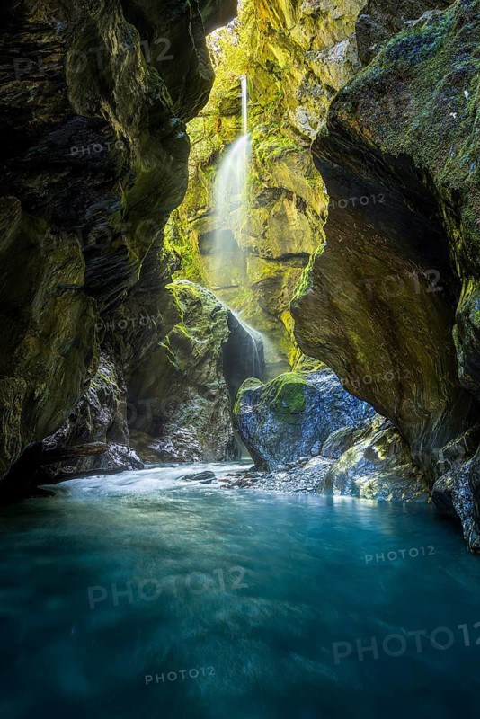 Waterfall in rocky gorge, Wilson Creek Chasm (Wilson Creek Canyon, Wilson's Creek), Haast Pass, near Wanaka, Otago, South Island, New Zealand