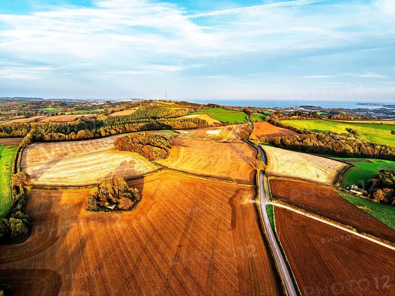 Colours of Devon Farms and Fields over Berry Pomeroy from a drone, Totnes, England, United Kingdom
