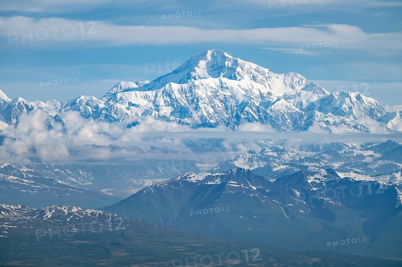 Clouds over high mountains, Mt Denali or Mount McKinley, aerial view, Alaska Range, Denali National Park, Alaska, USA