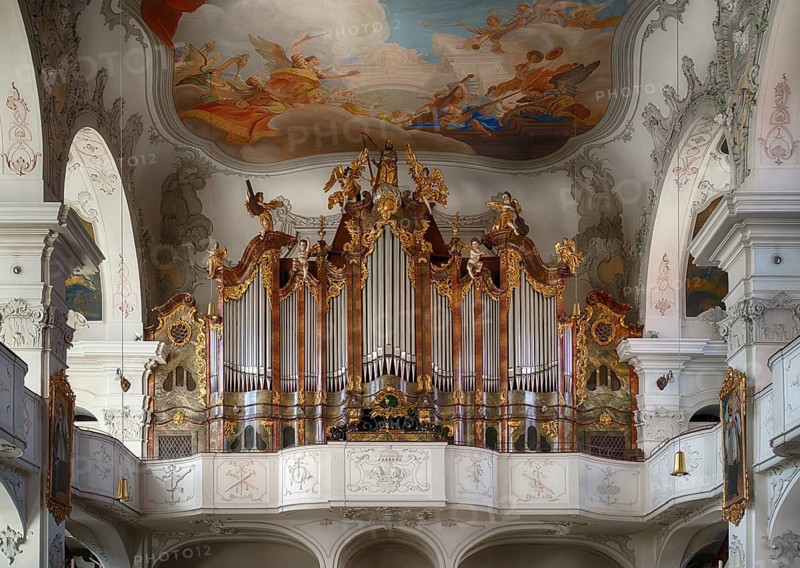 Interior view, brochure of the main organ, large organ, gallery, Cathedral of Our Lady, also collegiate church, Lindau, Bavaria, Lake Constance, Germany