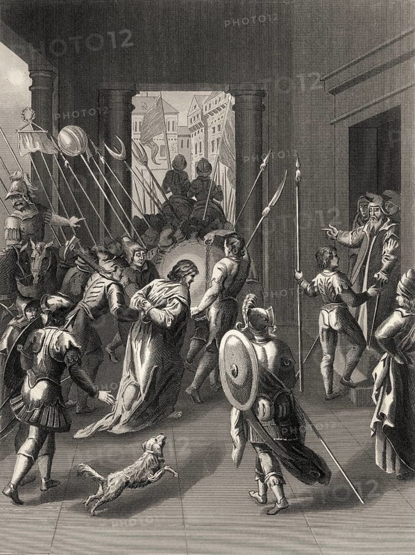 Jesus Taken to Annas, New Testament, steel engraving 1853, digitally restored