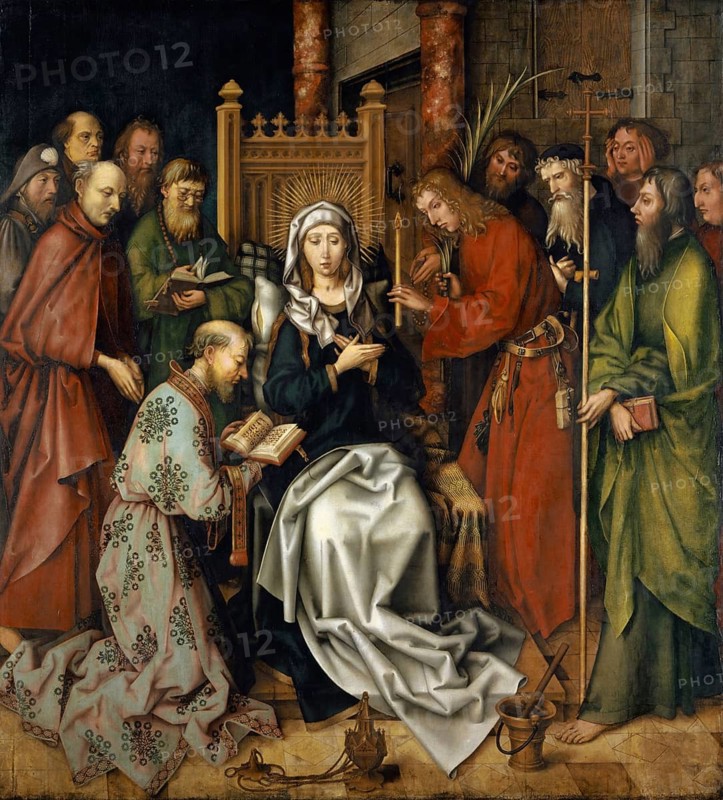 Death of Mary, also known as the Death of Mary, The Virgin Mary is attended to by the assembled apostles shortly in front of her death. The symbolic actions include the sprinkling of holy water by St Peter, the waving of a censer by St Andrew and the passing of a funeral candle by St John, one detail of the painting is the depiction of an apostle wearing spectacles, which is an anachronism for the time when the work was created, authentic reproduction of a work of art, painting, drawing by Hans Holbein the Elder (born 1465 in Augsburg, died 1524 in Basel or Isenheim), German painter of the Renaissance, historical