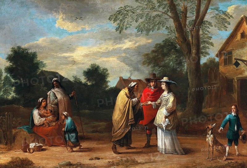 An elegant couple meets a fortune teller, painting by David Teniers (baptised 15 December 1610 in Antwerp, died 25 April 1690 in Brussels), Flemish painter, draughtsman and curator. He was an innovator in a variety of genres such as history painting, genre painting, landscape, portrait and still life. He is most remembered today as the leading Flemish genre painter of his time, reproduction from a 17th century painting. Authentic, file restored for optimal use, exact date of original unknown