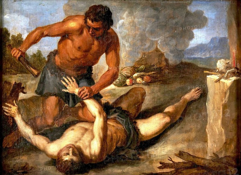 Cain Killing Abel, painting by David Teniers (baptised 15 December 1610 in Antwerp, died 25 April 1690 in Brussels), Flemish painter, draughtsman and curator. He was an innovator in a variety of genres such as history painting, genre painting, landscape, portrait and still life. He is most remembered today as the leading Flemish genre painter of his time, reproduction from a 17th century painting. Authentic, file restored for optimal use, exact date of original unknown