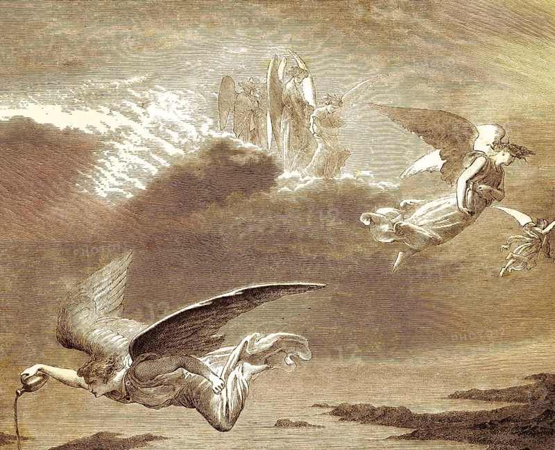 Go and pour out of the bowls of God's wrath on earth, the seven angels with the wrath bowls, the revelation of the Apostle John, chapter 16, verse 1, New Testament, number, wrath, God, cloud, sky, jug, water, earth, land, evil, anger, Bible, historical illustration 1850