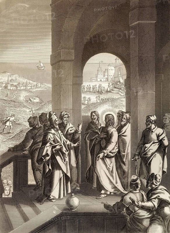 The Pharisees seeking a sign from Jesus, New Testament, steel engraving 1853, digitally restored