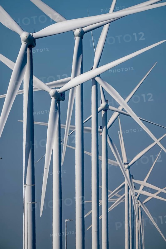 Landtong Rozenburg wind farm, Noordzeeweg, 11 Vestas wind turbines, with an output of 34 MW and an annual result of 117 gigawatts, which corresponds to the consumption of approximately 43, 000 households, on a headland on Nieuwe Waterweg, at Europoort harbour, hub height 130 meters, rotor diameter 26 meters, near Rotterdam, the Netherlands
