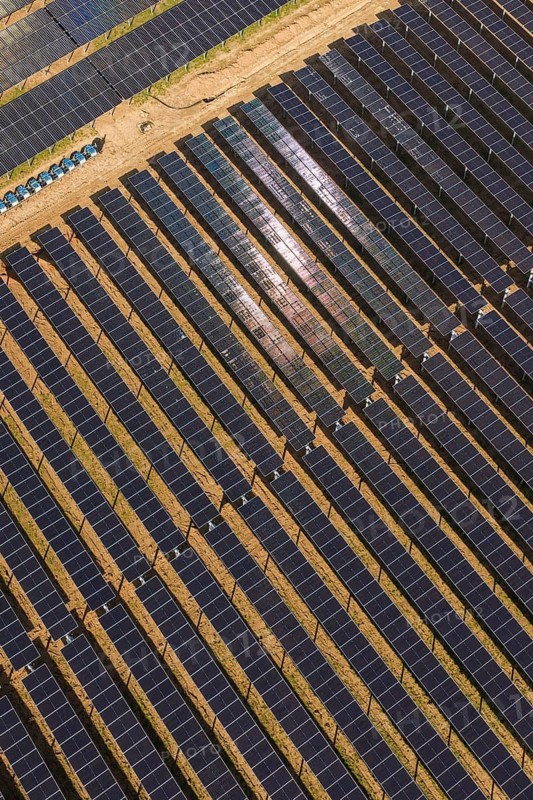 Close-up of densely arranged solar panels that glitter and evenly cover the terrain, Agri PV Bau für Landwirtschaft, Enzkreis, Germany