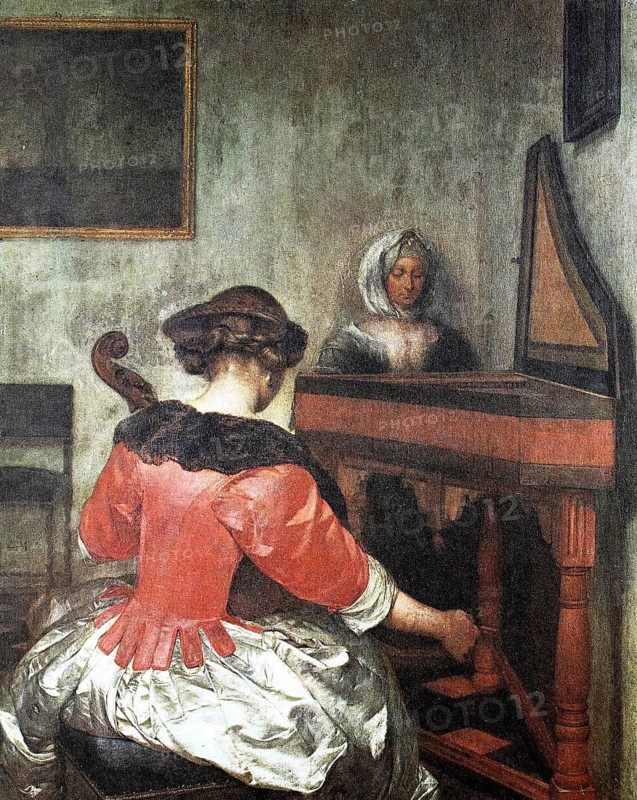 The Concerto, painting by Gerard ter Borch, 1675, Dutch painter and draughtsman, digital reproduction of an original 19th century painting, historical, A woman plays a harpsichord while another sits in the background and listens