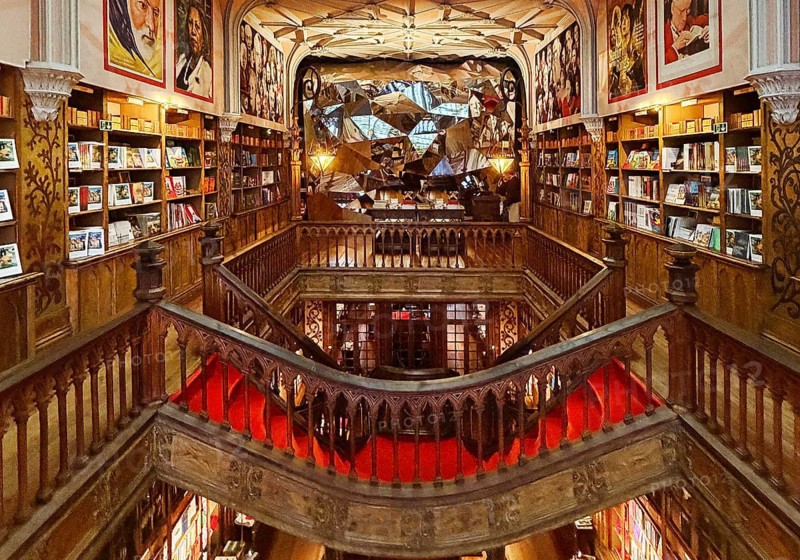 Livraria Lello, the Lello bookstore is one of the most beautiful bookstores in the world, interior view on the upper floor, Porto, Portugal