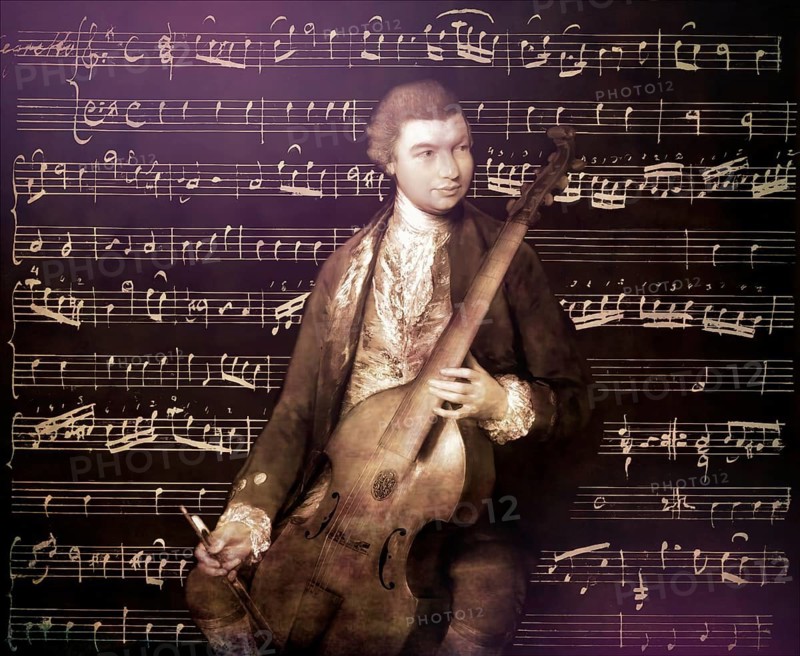 Carl Friedrich Abel, 1723? – 1787, German composer, digitally edited according to a painting by Thomas Gainsborough, Sonatas for viola da gamba and bass, written in the author's own hand