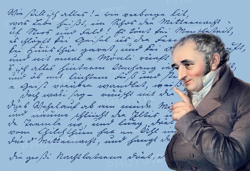 Handwritten manuscript and portait of Johann Peter Hebel, 1760 - 1826, German poet, Protestant theologian and educator, Alemannic dialect poet, digitally optimized based on a painting by Carl Joseph Alois Agricola, 1814
