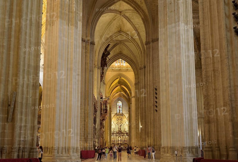 Long church corridor with imposing vault and rich architectural detail, Seville, Andalusia, Spain