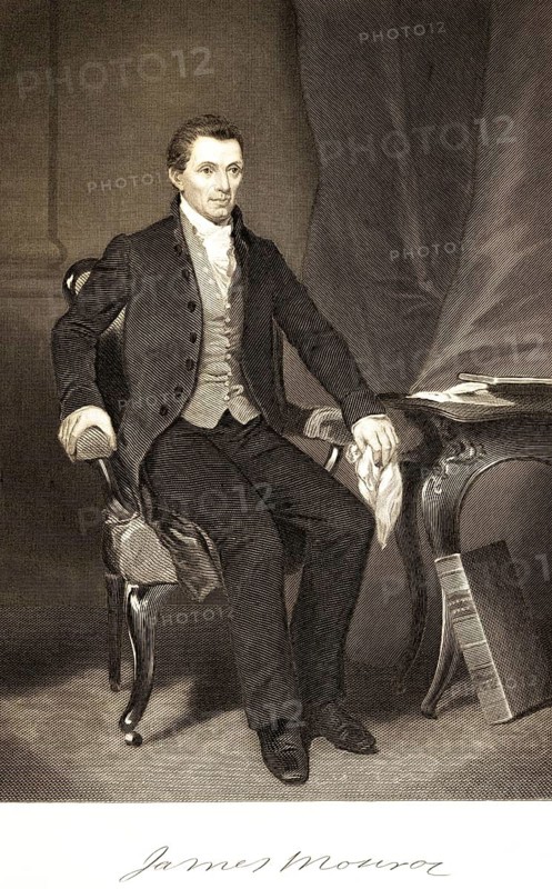James Monroe (1758-1831) politician, fifth president of the United States, author of the Monroe Doctrine, hegemony of the United States, current politics, USA, room, armchair, sitting, book, table, portrait of famous Americans, signature, artist Alonzo Chappel, steel engraving, historical illustration 1862
