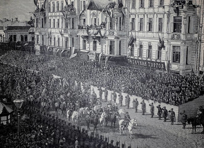 The entry of Emperor Nicholas II of Russia into the Kremlin. Nicholas II, born as Nikolaus Alexandrovich Romanov, from the Romanov Holstein-Gottorp dynasty was the last emperor of the Russian Empire, 1896, illustration, reproduction from a model from the 19th century. Authentic, file restored for optimal use, exact date of original unknown, historic, large crowd and parade in front of historic building