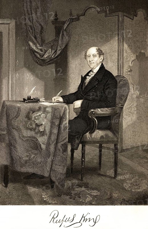Rufus King (1755-1827) portrait of famous American, lawyer, politician and diplomat, a founding father of the United States. USA, room, table, ink, quill, armchair, sitting, optimistic look, signature, artist Alonzo Chappel, steel engraving, historical illustration 1862
