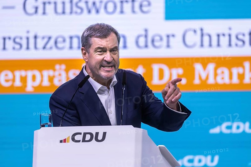 38th Federal Party Congress of the CDU of Germany in Stuttgart. Greetings from Markus Söder, party leader of the sister party CSU and Minister-President of the Free State of Bavaria. Stuttgart, Baden-Württemberg, Germany