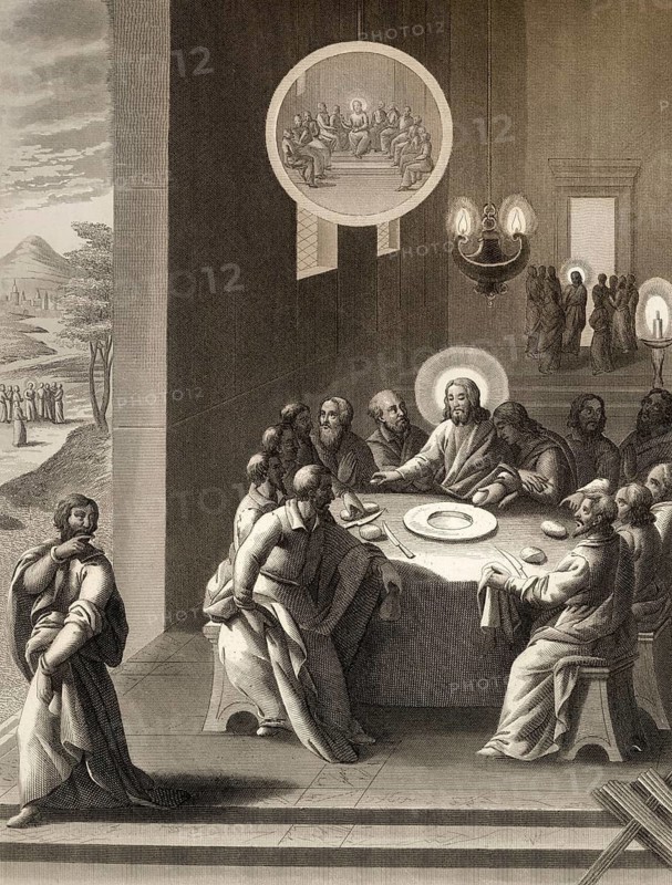 Judas Iscariot retiring from the Last Supper, New Testament, steel engraving 1853, digitally restored