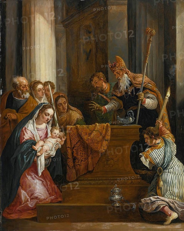 The Presentation of the Lord in the Temple, painting by David Teniers (baptised 15 December 1610 in Antwerp, died 25 April 1690 in Brussels), Flemish painter, draughtsman and curator. He was an innovator in a variety of genres such as history painting, genre painting, landscape, portrait and still life. He is most remembered today as the leading Flemish genre painter of his time, reproduction from a 17th century painting. Authentic, file restored for optimal use, exact date of original unknown