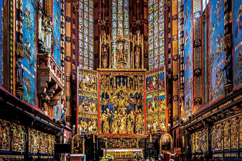 High altar, Veit Stoss, opened altarpiece, St. Mary's Church, 1489, Krakow, Poland