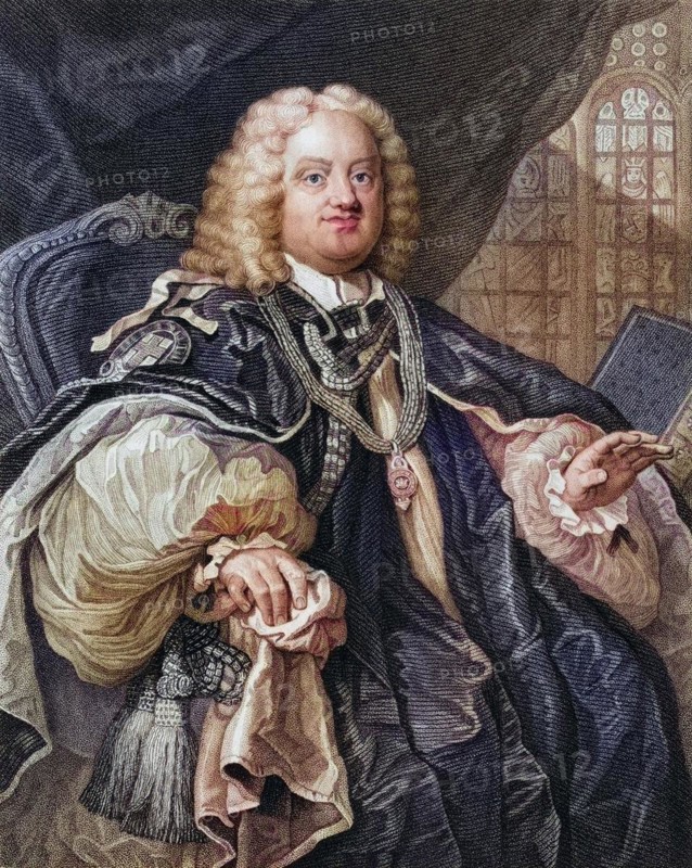 Benjamin Hoadly 1676 to 1761 English clergyman and Bishop of Winchester Engraved by B Holl after Hogarth from The Works of Hogarth published London 1833, Historic, digitally restored reproduction from a 19th century master, Record date not stated