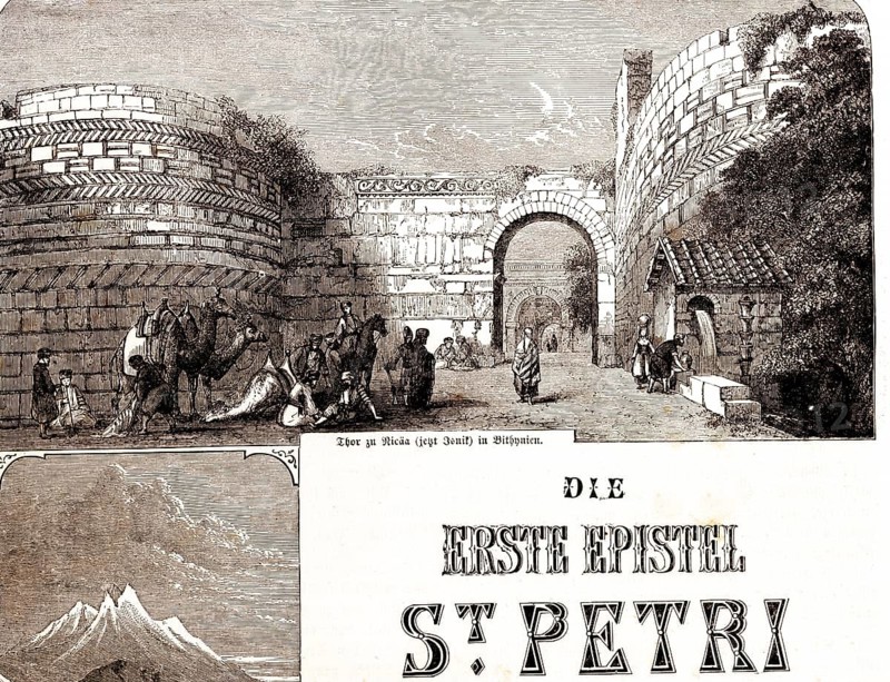 Thor to Nicaea or Isnik in Bithynia, Bursa, Turkey, the First Epistle of the Apostle Peter, letter, city gate, Roman province, city wall, water pipe, camels, horsemen, inhabitants, Bible, New Testament, historical illustration 1850