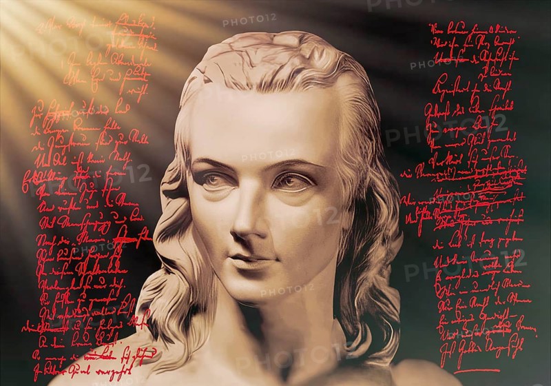Portrait of Georg Philipp Friedrich Freiherr von Hardenberg, pseudonym and pen name Novalis, 1772 - 1801, German poet of Early German Romanticism, digitally edited after a bust at his grave, Hymns to the Night (Hymnen an die Nacht) written by Novalis
