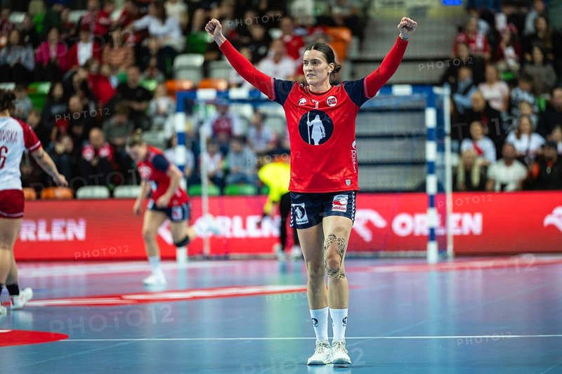 LUBIN, POLAND - MARCH 5, 2026: Women handball match EHF EURO Cup 2026: Poland - Norway. Skogrand Stine joy after foal