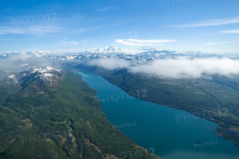 Chelatna Lake, Mt Foraker and Mt Denali or Mount McKinley, aerial view, Alaska Range, Denali National Park, Alaska, USA