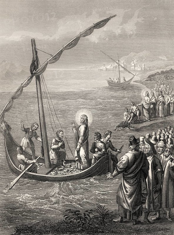 Miraculous Catch of Fish, Steel engraving 1853, digitally restored