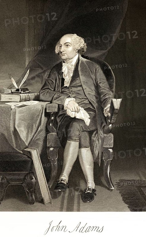 John Adams (1735-1826) important politician, one of the founding fathers of the United States and its second president, USA, room, desk, armchair, sitting, book, ink, quill, waistcoat, optimistic look, portrait of famous Americans, signature, artist Alonzo Chappel, steel engraving, historical illustration 1862