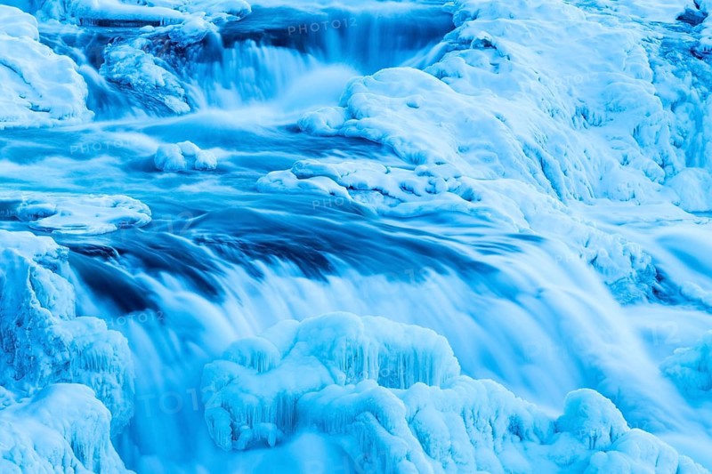 Gullfoss, waterfall of the Hvítá river, detail, ice, frost, snow, winter, Haukadalur, Iceland, Scandinavia