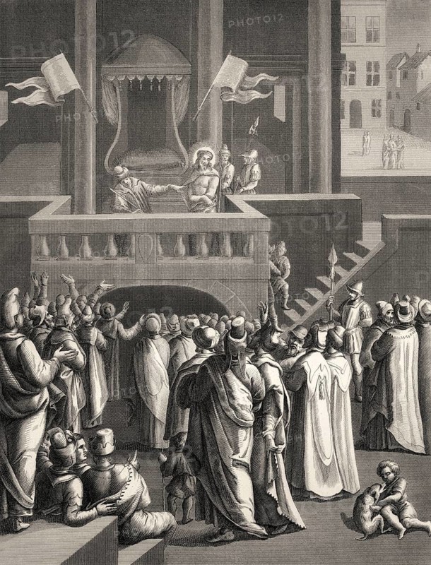 Pilate presenting a scourged Jesus to the people of Jerusalem, New Testament, steel engraving 1853, digitally restored