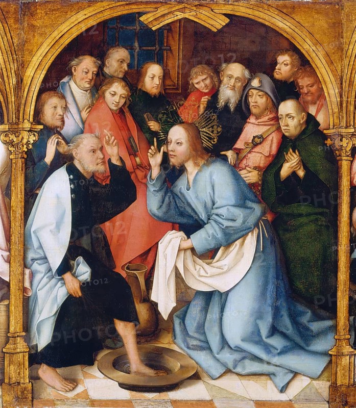 Biblical scene of the washing of Christ's feet by St Peter, depicts the moment of humility in which Jesus Christ washes the feet of his disciple Peter in front of the Last Supper, authentic reproduction of a work of art, painting, drawing by Hans Holbein the Elder (born 1465 in Augsburg, died 1524 in Basel or Isenheim), German Renaissance painter, historical