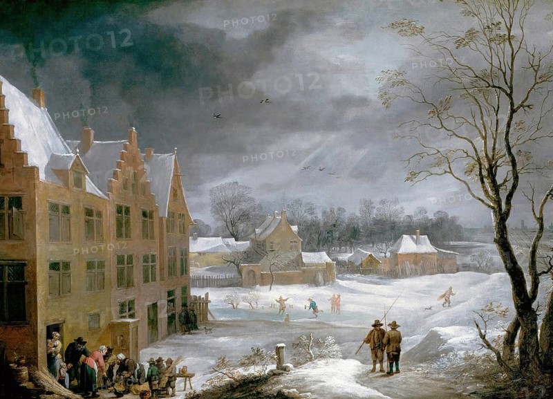 Winter scene with a man killing a pig, painting by David Teniers (baptised 15 December 1610 in Antwerp, died 25 April 1690 in Brussels), Flemish painter, draughtsman and curator. He was an innovator in a variety of genres such as history painting, genre painting, landscape, portrait and still life. He is most remembered today as the leading Flemish genre painter of his time, reproduction from a 17th century painting. Authentic, file restored for optimal use, exact date of original unknown