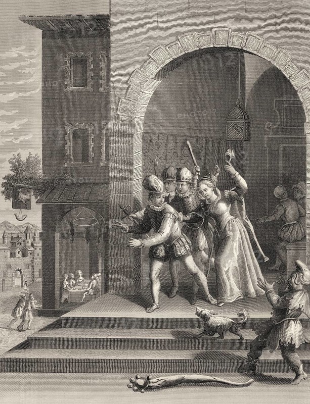 The Parable of the Prodigal Son, wastes all his money, New Testament, steel engraving 1853, digitally restored