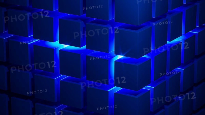 Cube structures create a captivating geometric arrangement highlighted by blue light, showcasing modern design concepts and technological inspiration