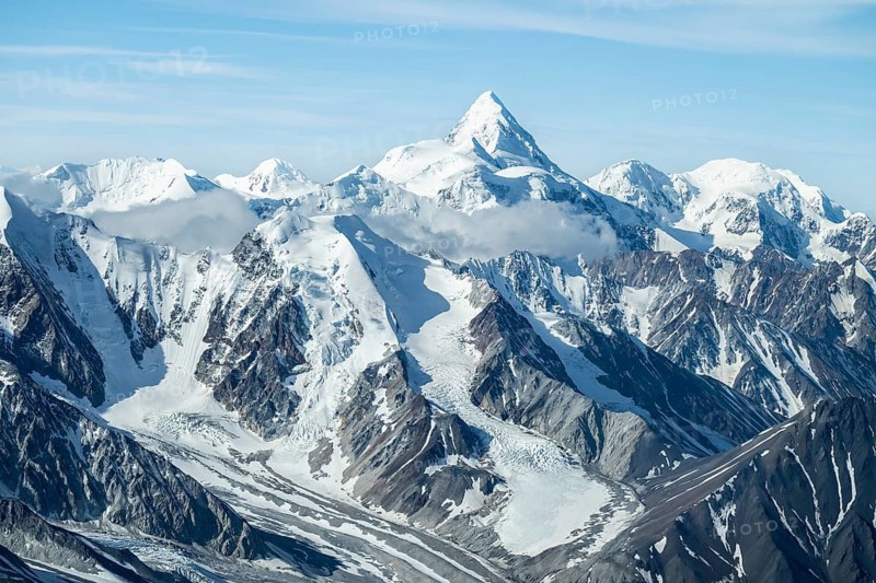 Snow and ice, epic mountains with glaciers, aerial view, Alaska Range, Denali National Park, Alaska, USA