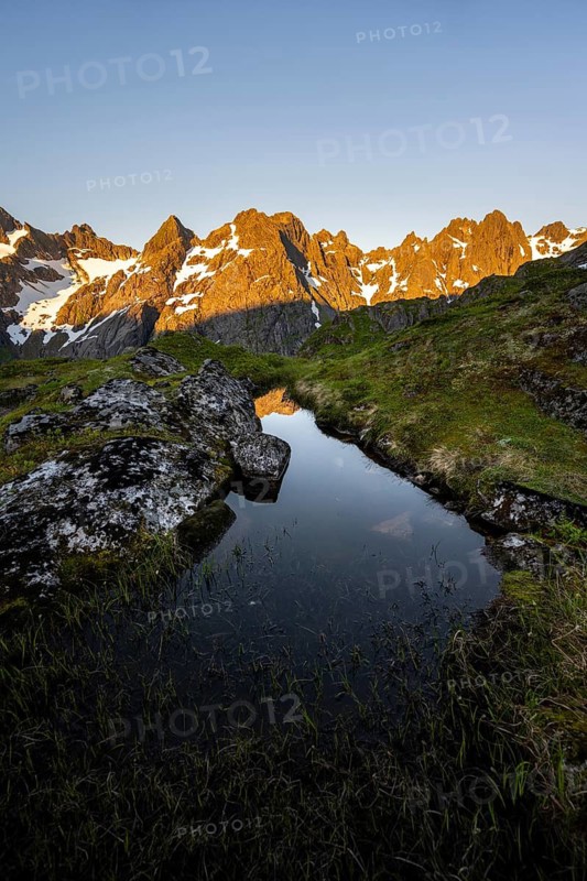 Rocky mountain peaks with reflection, small pond in moor landscape at Trollfjord Hytta, mountain landscape with alpenglow at sunrise, at Trollfjord, Lofoten and Vesterålen, Nordland, Norway