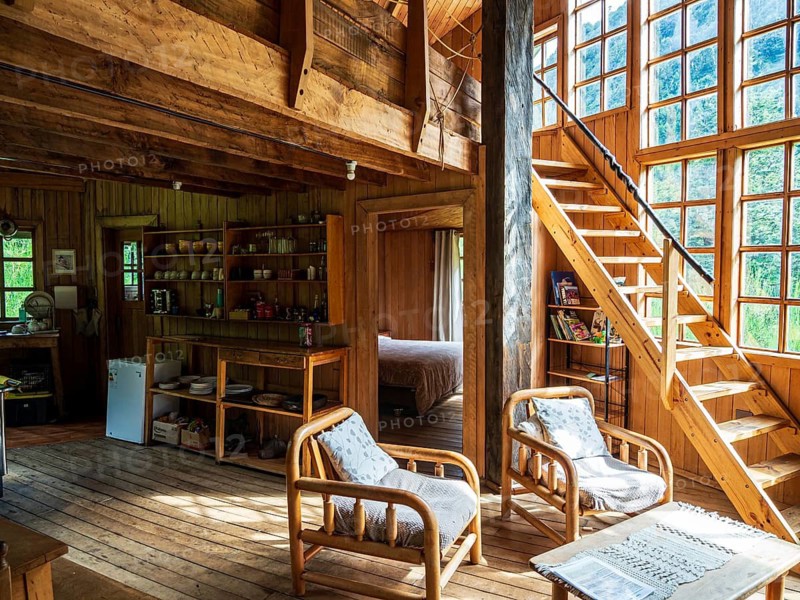 Interior of refugio Rio Cisnes, hostel at the Carretera Austral, Aysen, Chile