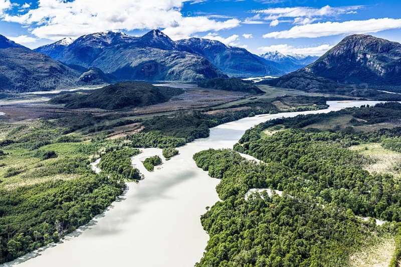 River Rio Baker, north of Puerto Yungnay at road Carretera Austral, aerial view, Patagonia, Chile